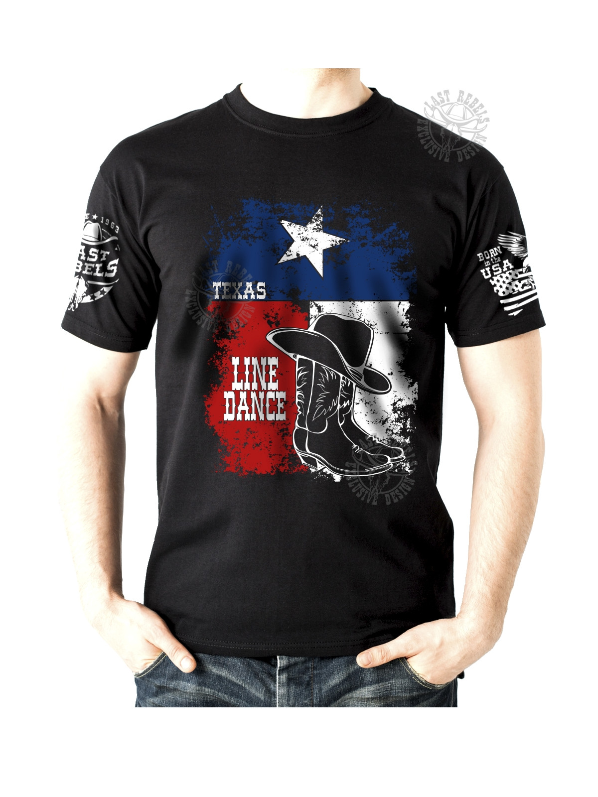 T-shirt danse country homme - Bottes & chapeau sur drapeau texan - Vue de face