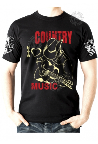 T-shirt Danse Country homme Last Rebels "I love Country Music" cowboy et sa guitare"
