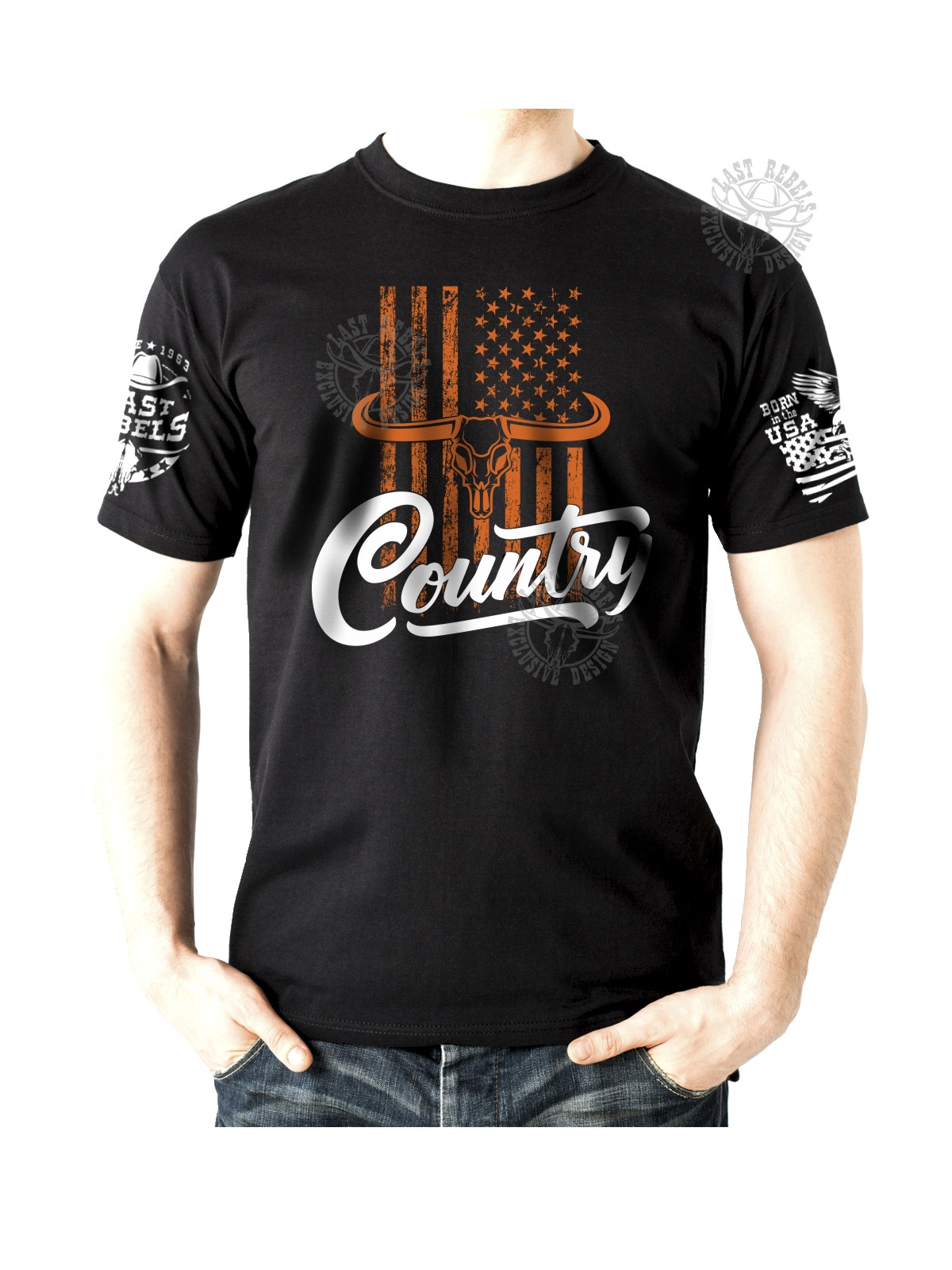 T-shirt danse country homme LAST REBELS - Longhorn & drapeau US - Vue de face