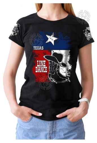 T-shirt Danse Country femme Last Rebels "Santiags et chapeau de cowboy sur drapeau du Texas"