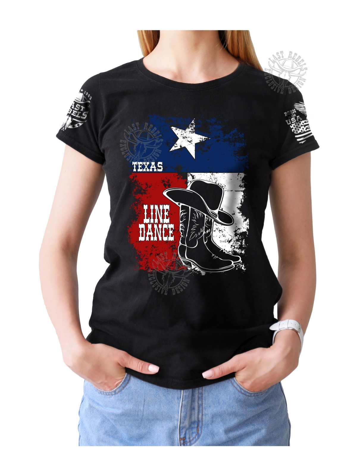T-shirt Danse Country femme – Bottes, chapeau & drapeau Texas - Vue de face