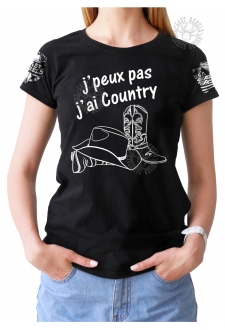 T-shirt Danse Country femme Last Rebels "Je peux pas j'ai Country" en noir et blanc
