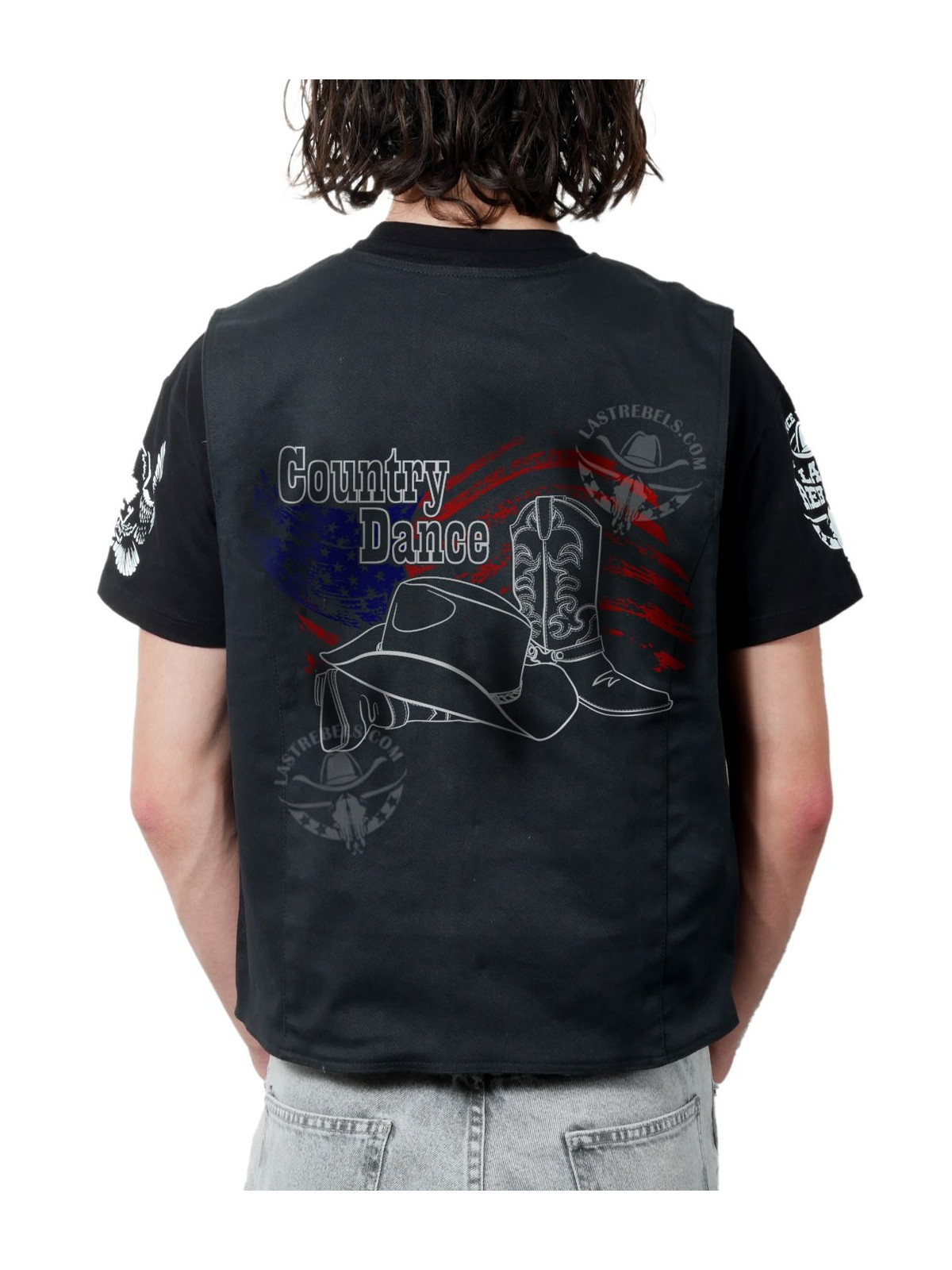 Gilet danse country homme LAST REBELS - Bottes et Chapeau sur Drapeau Américain - Impression dos