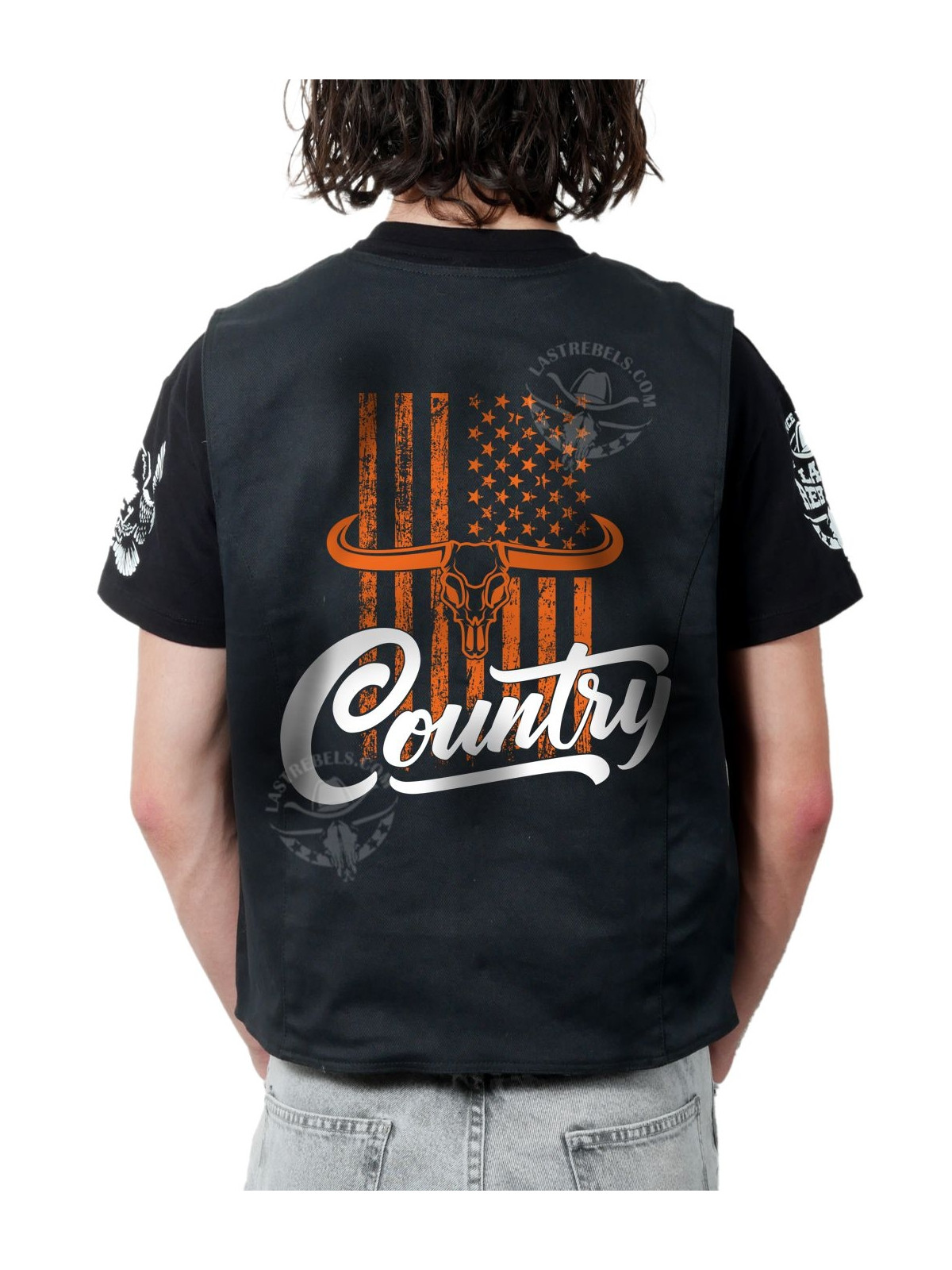 Gilet danse country homme LAST REBELS - Long Horn sur Drapeau Américain - Impression dos