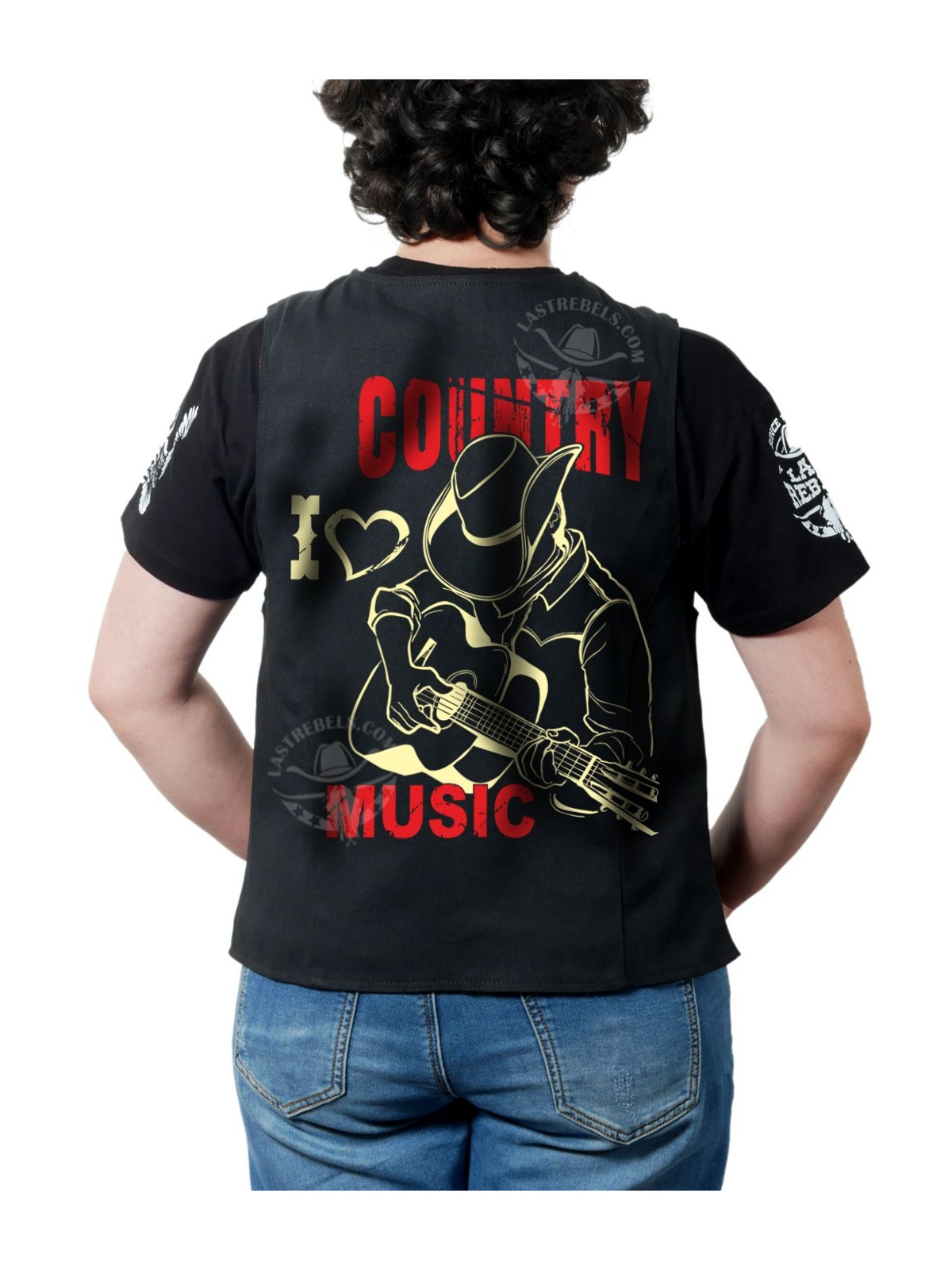 Gilet femme Country "I ❤ Country Music" – LAST REBELS guitare - Impression dos