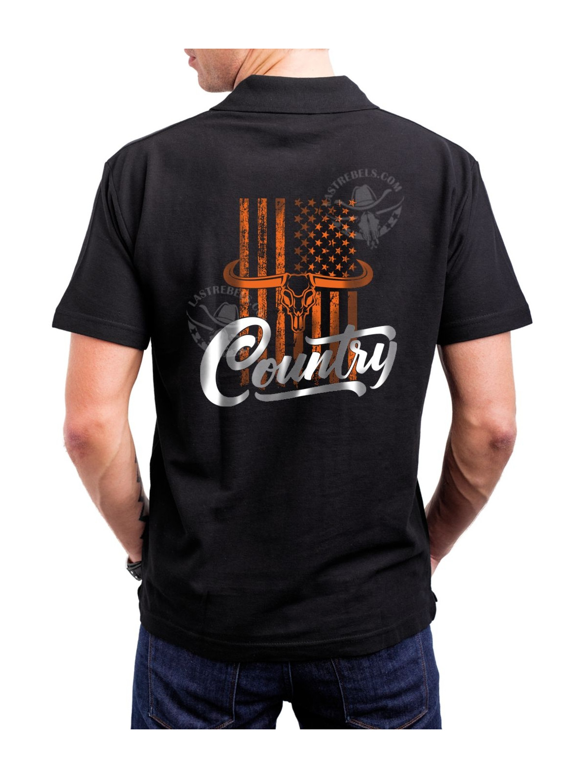 Polo homme danse-country Longhorn & drapeau US – LAST REBELS - Impression dos