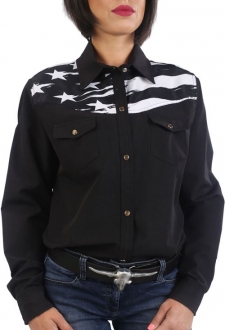 Chemise country femme noire impression drapeau US américain