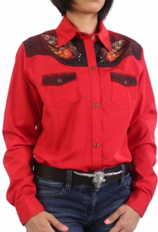 Chemise country femme rouge impression crâne totem indien