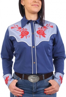 Chemise western cowboy femme bleue avec impressions